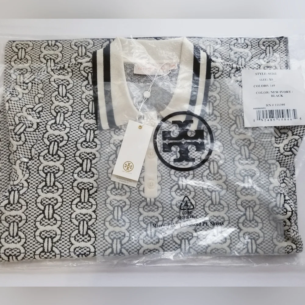 NWT Tory Burch Gemini Link Sweater Polo Shirt Top in New Ivory Black Size S $348